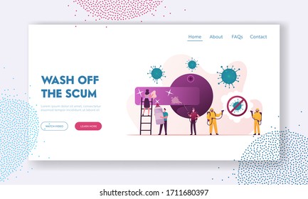 Zeichen Reinigungsraum von Contagious Covid19 Zellen Landing Page Template. Menschen in Hazmat-Schutzanzug und Maske, die Desinfektionsmittel verwenden, um die Coronavirus-Pandemie zu stoppen. Illustration zur Cartoon-Vektorillustration