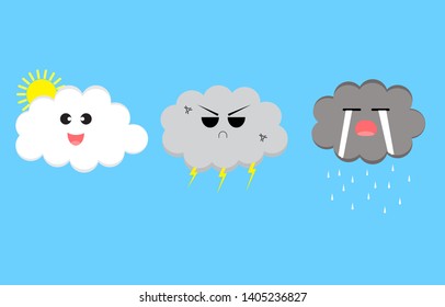 characters cloud cartoon. Emotion Collection face smile, funny, sad, happy, angry, cry. weather summer , rainy and storm lighting 