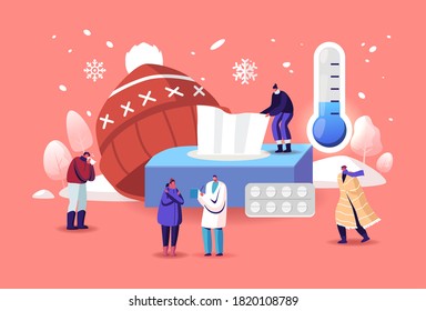 Characters with Cold Allergy Concept. Sick Patients Visiting Doctor Suffer of Low Temperature of Cough and Sneeze Symptoms. Allergen Drugs Pharmacy Therapy and Help. Cartoon People Vector Illustration