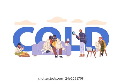 Characters In Cold Weather Concept. People Drinking Hot Beverages, Warming Hands By A Fire, Adjusting A Thermostat