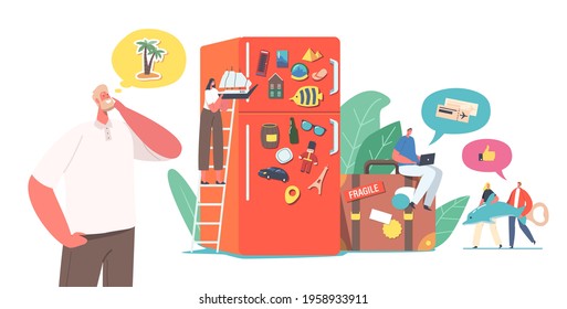 Characters Collect Magnet Souvenirs after Visiting Different Countries put on Refrigerator Door. People Save Memory from Vacation Trips after Visiting World Landmarks. Cartoon Vector Illustration