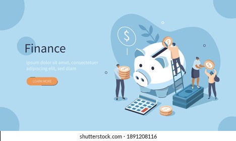 Characters Collecting Gold Coins And Banknotes In Piggy Bank. People Managing Budget And Making Savings. Saving Money And Economy Concept. Flat Isometric Vector Illustration.