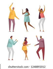 Characters collection. Cartoon vector illustration in flat design. Set of people having fun at a party, dancing, celebrate. Young men and women.  White background isolated.  