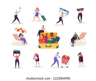 Characters Collection Man and Woman Preparing for Tropical Trip. Happy People Planning Beach Vacation Summer Journey. Vector illustration