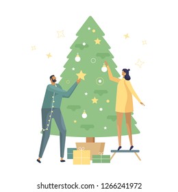 Characters Collection. Young Beautiful Couple Decorate Christmas Tree With Lights, Stars, Toys. Gifts Under Christmas Tree. Vector Illustration In Flat Design Style. New Year 2019