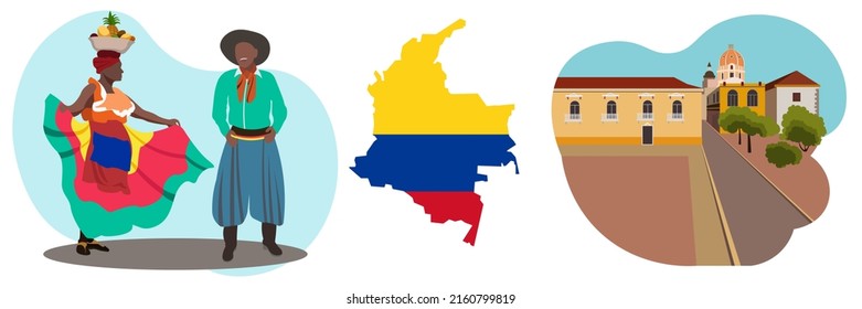 Characters in Colombian national dress and with
a bowl of fruit on his head. Colombian architecture. Map and flag of Colombia. vector illustration