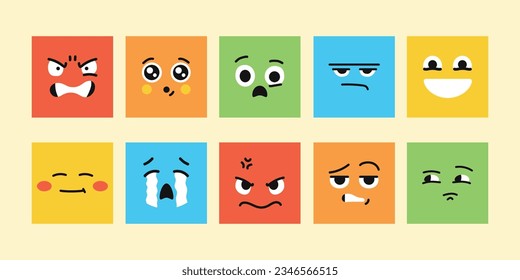 Zeichen-Farbelemente. Maskottchen von Emotionen. Quadratische abstrakte Gesichter mit unterschiedlichen Emotionen