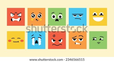 Characters color elements. Mascots of emotions. Square abstract faces with different emotions