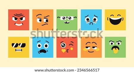 Characters color elements. Mascots of emotions. Square abstract faces with different emotions