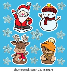 characters colored stickers santa claus deer snowman bear vector doodle new year holiday christmas
