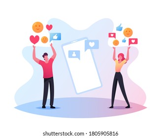 Characters Communicating via Smartphones, Internet Services for Chatting and Texting with Friends, Social Media Networking, Gadget Smart Technologies in Human Life. Cartoon People Vector Illustration