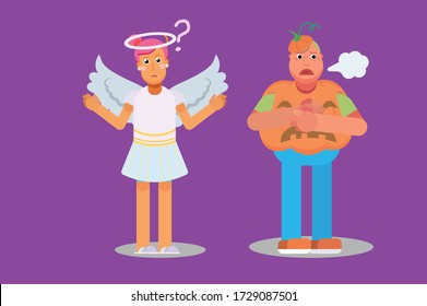 Characters of a confused angel and an angry boy. Halloween theme. Simple character vector illustration, this illustration can use as a sticker also.