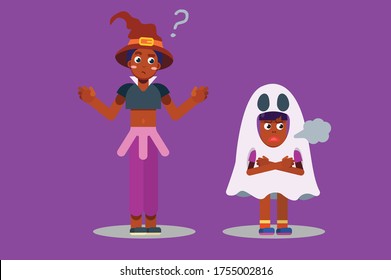 Characters of a confused witch and an angry kid. Halloween theme. Simple character vector illustration.