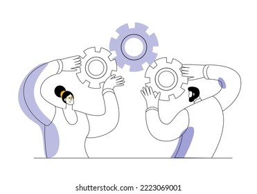 Los caracteres conectan engranajes. El concepto de ilustración vectorial en un estilo plano sobre el tema de conectar partes en un solo todo.