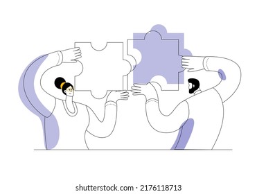The characters connect the pieces of the puzzle. The concept of a vector illustration in a flat style on the theme of connecting parts into a single whole.
