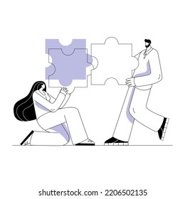 Los personajes conectan las piezas del rompecabezas. El concepto de una ilustración vectorial sobre el tema de la conexión de partes en un solo todo.
