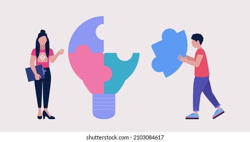 Characters connect puzzles on a light bulb from puzzles. Idea brainstorming. Vector illustration in a flat style