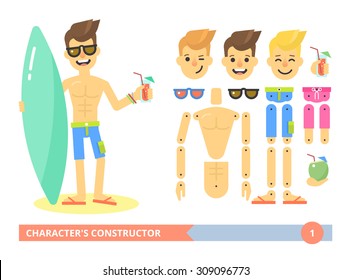 Character's constructor: young fit sexy man on the beach in shorts. Flat animation ready vector customizable doll with separate joints. Extra gestures, facial expressions and items. Surfer guy. Flat