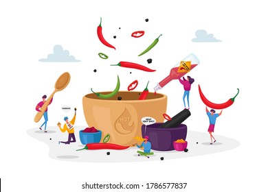 Characters Cooking Food with Hot Chili. Tiny Male and Female Characters Put Red and Black Chilli Pepper into Huge Saucepan, Adding Ingredients for Making Spicy Dish.  Cartoon People Vector Illustration