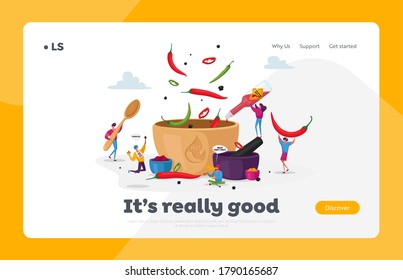 Characters Cooking Food with Hot Chili Landing Page Template. Tiny Characters Put Red and Black Chilli Pepper to Huge Pan, Adding Ingredients for Making Spicy Dish. Cartoon People Vector Illustration