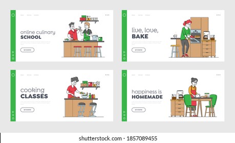 Characters Cooking Landing Page Template Set. Senior Woman Kneading Dough, Couple Prepare Dinner on Kitchen, Girl Cutting Vegetables for Salad. People Prepare Food at Home. Linear Vector Illustration