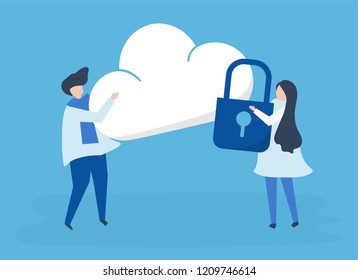 Characters of a couple and a cloud security illustration