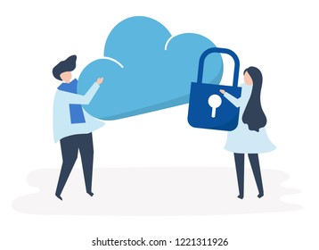 Characters of a couple and a cloud security illustration