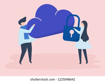 Characters of a couple and a cloud security illustration