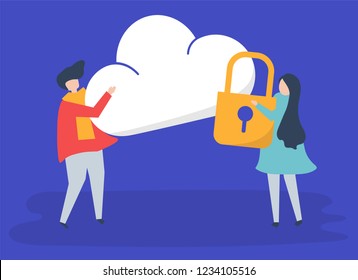 Characters of a couple and a cloud security illustration