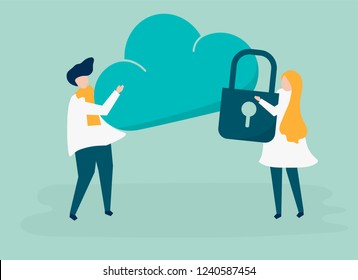 Caracteres de una pareja y una ilustración de seguridad en la nube