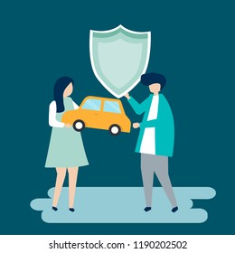 Characters of a couple holding a car and shield illustration