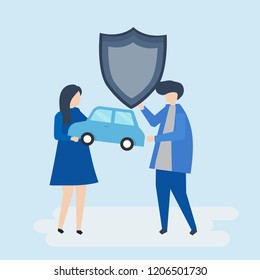 Characters of a couple holding a car and shield illustration