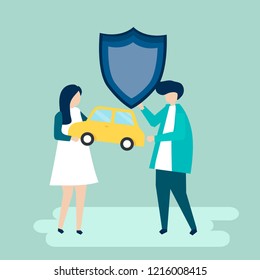 Characters of a couple holding a car and shield illustration