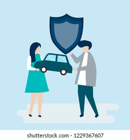 Characters of a couple holding a car and shield illustration