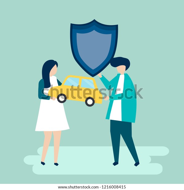 Characters of a couple holding a car and\
shield illustration