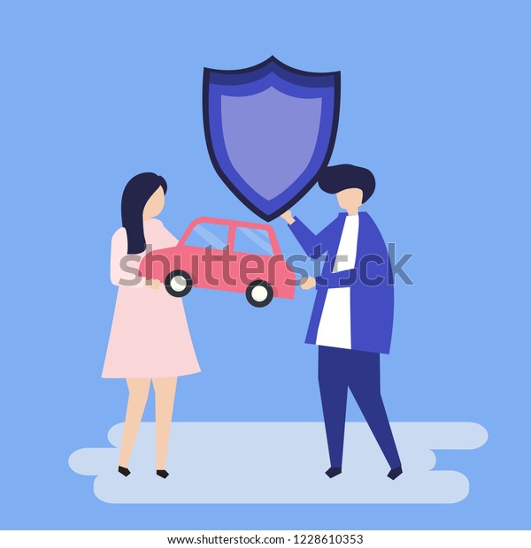 Characters of a couple holding a car and\
shield illustration