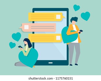 Characters of a couple messaging on a mobile illustration