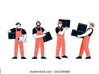 The characters are couriers. Men deliverers of goods, hold, carry boxes, cargo, postal packages. The profession of delivery. Vector illustration
