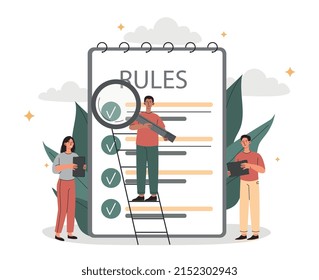 Characters create checklist. Workers check with task list, time management. Employees evaluate rules of work in company. Reminding graphic elements for website. Cartoon flat vector illustration