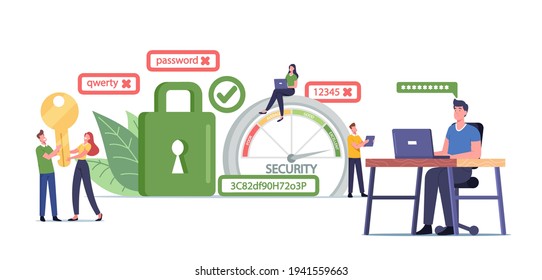 Characters Create Strong Password for Internet Account. Man Working on Laptop in Office, Woman Sitting on Scale with Password Difficulty Range Poor or Excellent. Cartoon People Vector Illustration