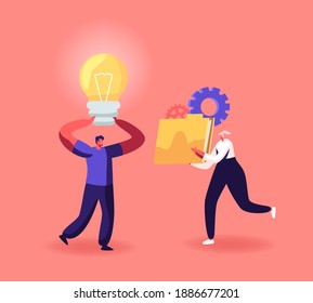 Characters Creative Idea, Portfolio, Cooperation, Partnership and Office Work Concept. Businesspeople with Light Bulb, Documents, Сv, Startup Project Development. Cartoon People Vector Illustration