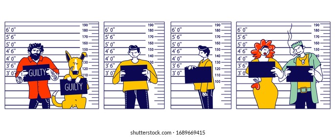 Characters Criminal Mugshot Front, Side View on Measuring Scale Background in Police Station. Arrested Men, Woman and Dog with Board Posing for Identification Photo. Linear People Vector Illustration