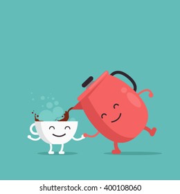 Characters. Cup of coffee and coffee pot. Vector illustration. Flat design.