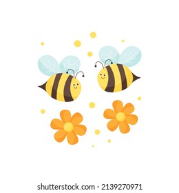 The characters of cute cartoon bees fly with flowers. Isolated illustration. Flat cartoon vector style.