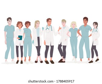 Characters of cute cartoon doctors and nurses male and female medicine workers flat vector illustration