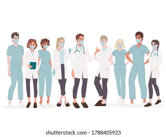 Characters of cute cartoon doctors and nurses wearing surgical face mask male and female medicine workers flat vector illustration