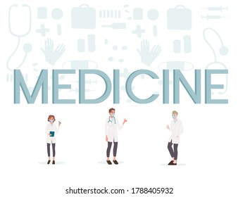 Characters of cute cartoon doctors and nurses wearing surgical face mask male and female medicine workers flat vector illustration