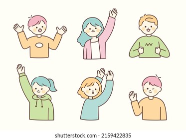 Characters with cute faces have positive expressions. People are raising their hands in various poses. flat design style vector illustration.