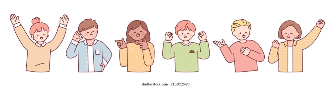 Los personajes con caras lindas están haciendo gestos positivos. ilustración vectorial de estilo de diseño plano.