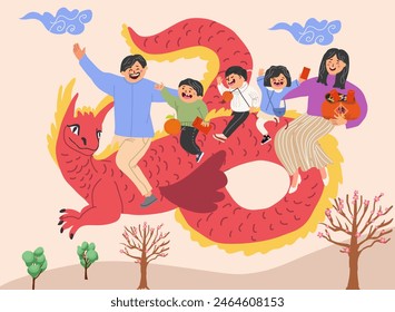 Characters cute family riding dragon with red envelopes, Chinese New Year concept, illustration in warm hand drawn design, Luck, Happy Lunar New Year. Vector illustration, hand drawn banner.